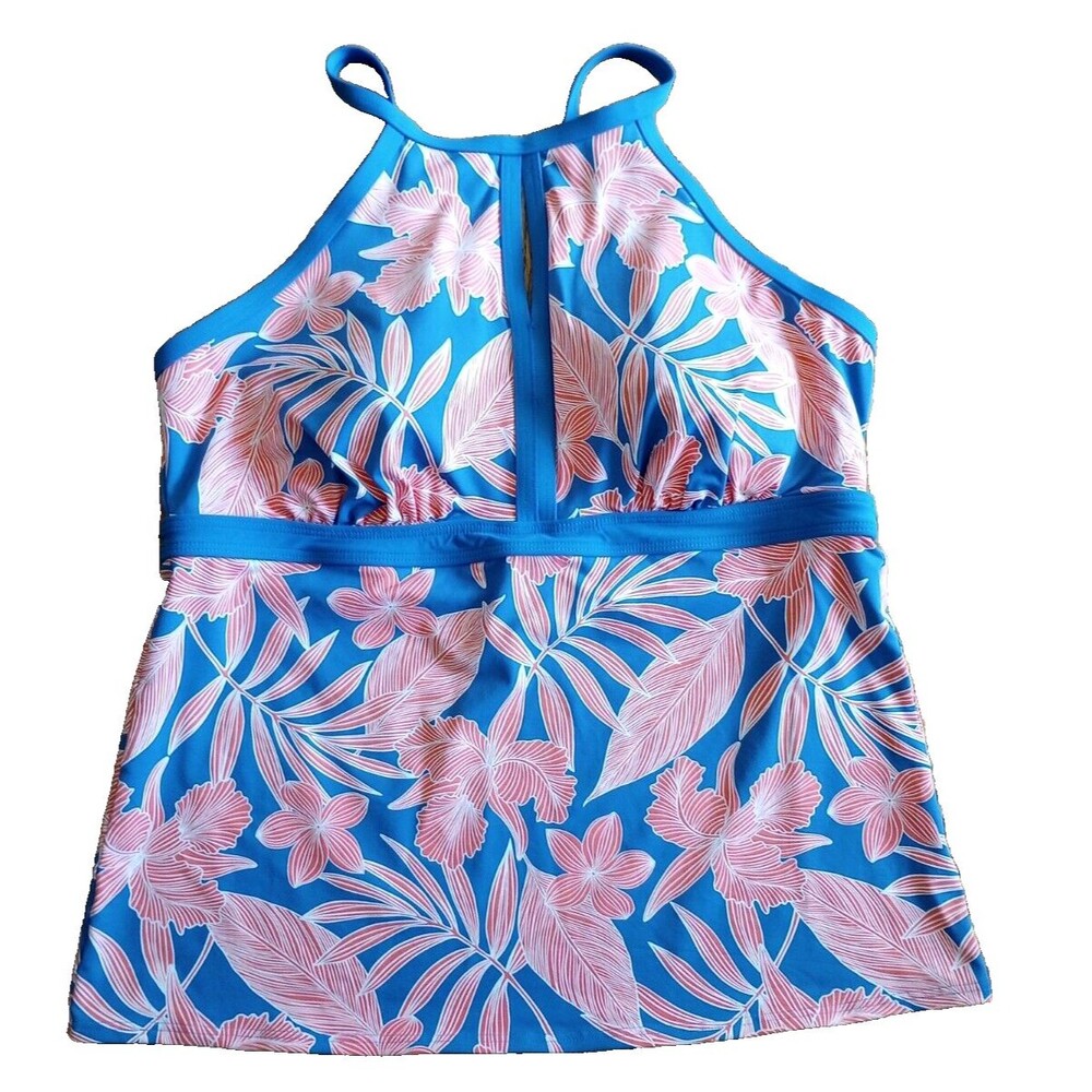 Lands' End Size 16L Tankini Top High Neck Key Hole Blue Pink Floral Leaf Swim